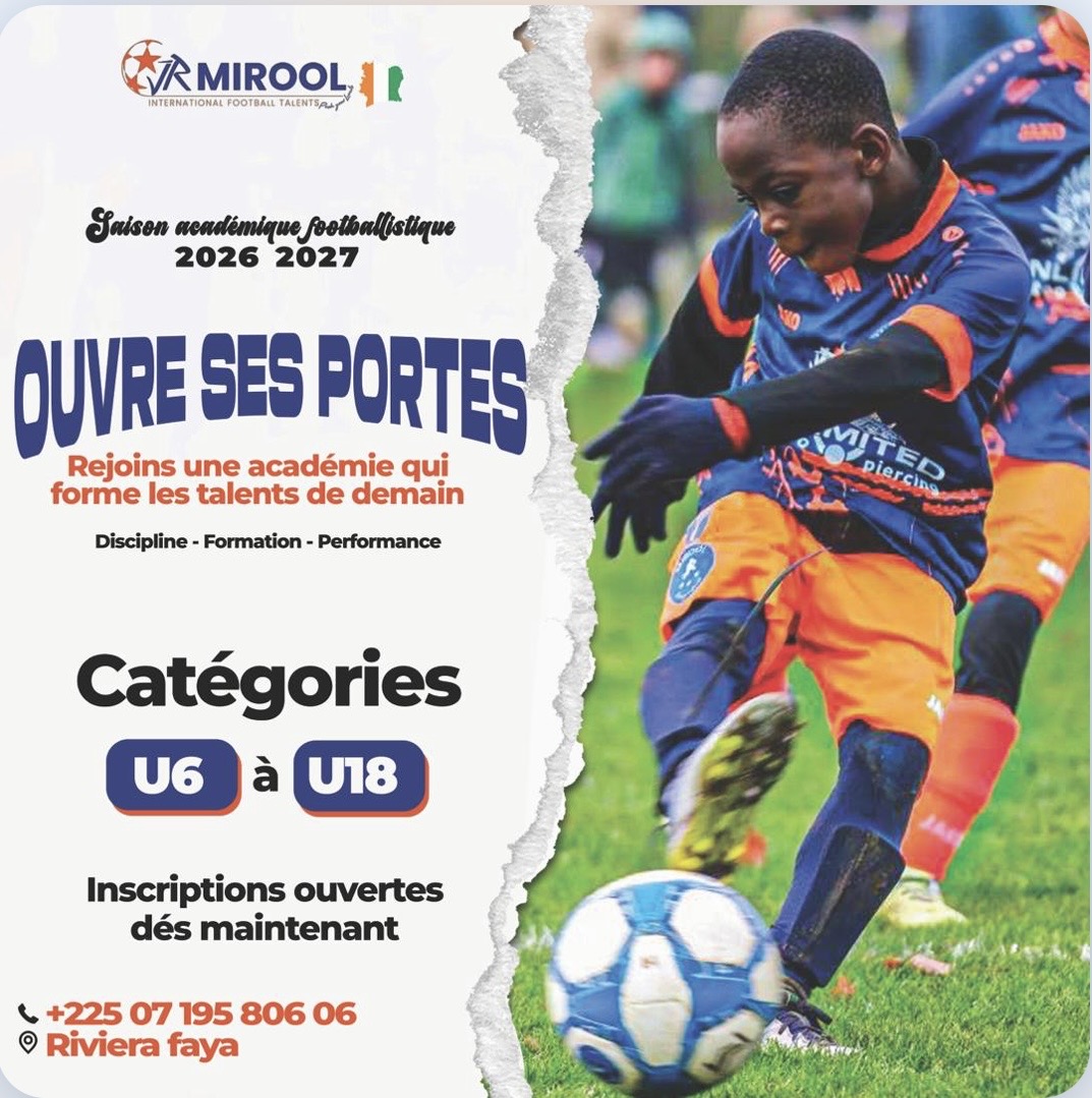 Affiche officielle de la saison académique 2026-2027 de JR MIROOL CI : catégories U6 à U18, inscriptions ouvertes